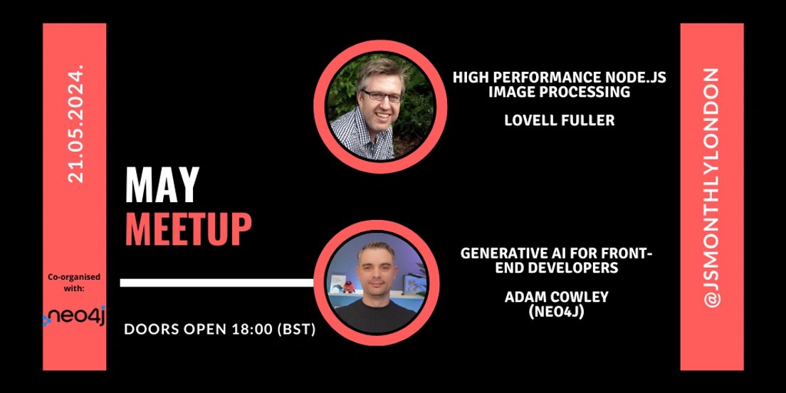 We got a meetup this month on 21st of May sponsored by @neo4j Join us we got 2⃣ talks #GenAI by @adamcowley and High #Performance @nodejs @lovell RSVP now @guild__host guild.host/events/js-mont…