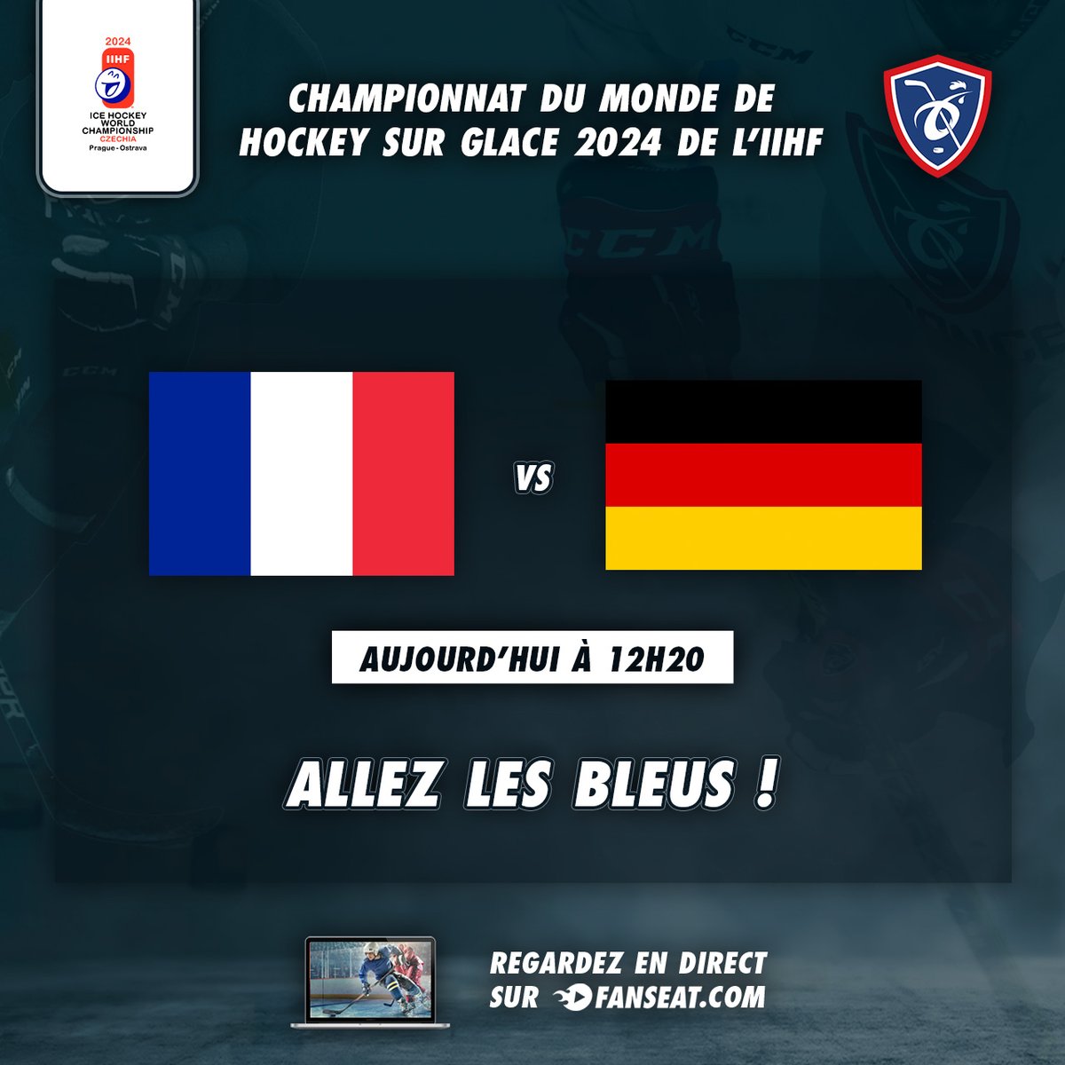 C'est le dernier match de l'Équipe de France au mondial aujourd'hui, face à l'équipe d'Allemagne. Allez les Bleus ! 📺 En direct sur FANSEAT @Hockey_FRA #EdFHockey #AllezLesBleus