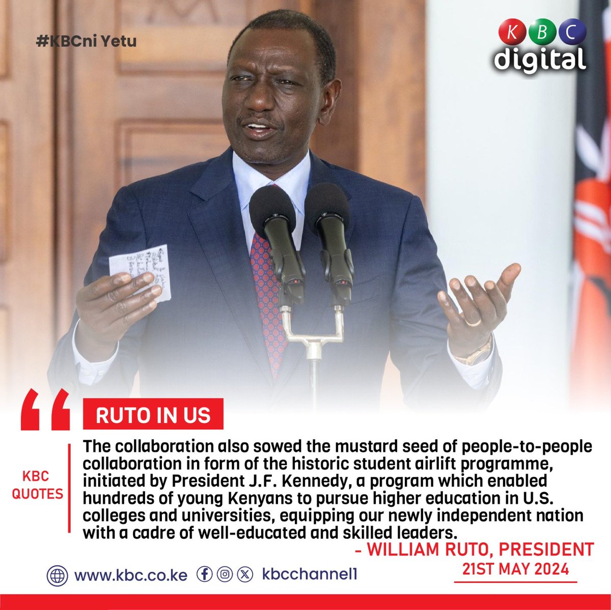 'The collaboration also sowed the mustard seed of people-to-people collaboration in form of the historic student airlift programme, initiated by President J.F. Kennedy, a program which enabled hundreds of young Kenyans to pursue higher education in U.S. colleges and universities,