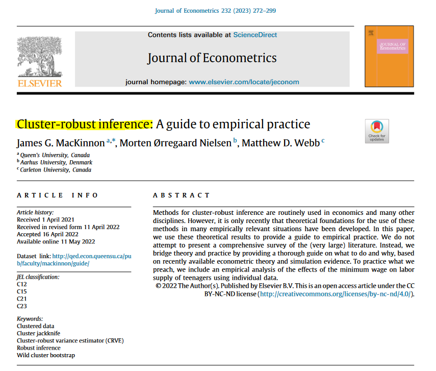 Hi #EconTwitter! If you're an applied economist, don't forget to check regularly the 'how to' series of papers in the @jeconometrics! 📚 Current papers: - Cluster robust inference (@jgmQED @MortenEcon @mattdwebb); - instrument strength in IV (Keane & Neal); - Diff-in-diff