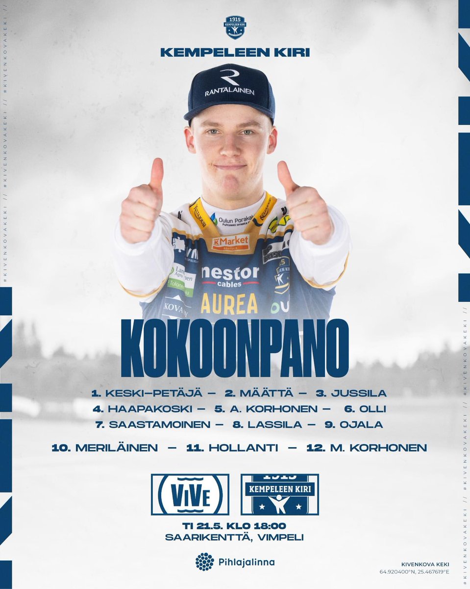 Tänään metsästetään voittoa Vimpelistä klo 18 alkaen. Päivän kamppailu on nähtävissä myös Ruudun päälähetyksenä. 🔥

Kokoonpanon turvaa @Pihlajalinna 🤝

#KivenkovaKeKi #Nastajengi #Pesis