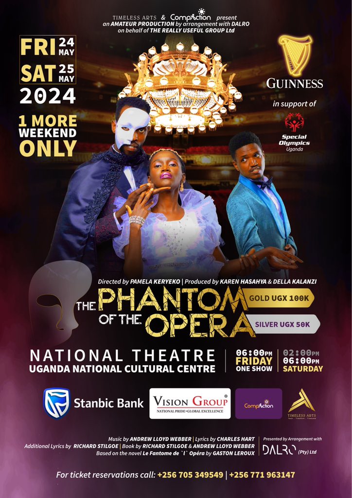 Last chance to experience The Phantom of the Opera this weekend at the National Theatre! 
Brought to you by @Guinness_Uganda <a href="/stanbicug/">Stanbic Bank Uganda</a> and <a href="/VisionGroup/">Vision Group</a>

Secure your tickets now!

#PhantomOfTheOpera
#POTOWorldwide
#POTOUganda
#TimelessArts
#CompAction
#TheatreForMentalHealth