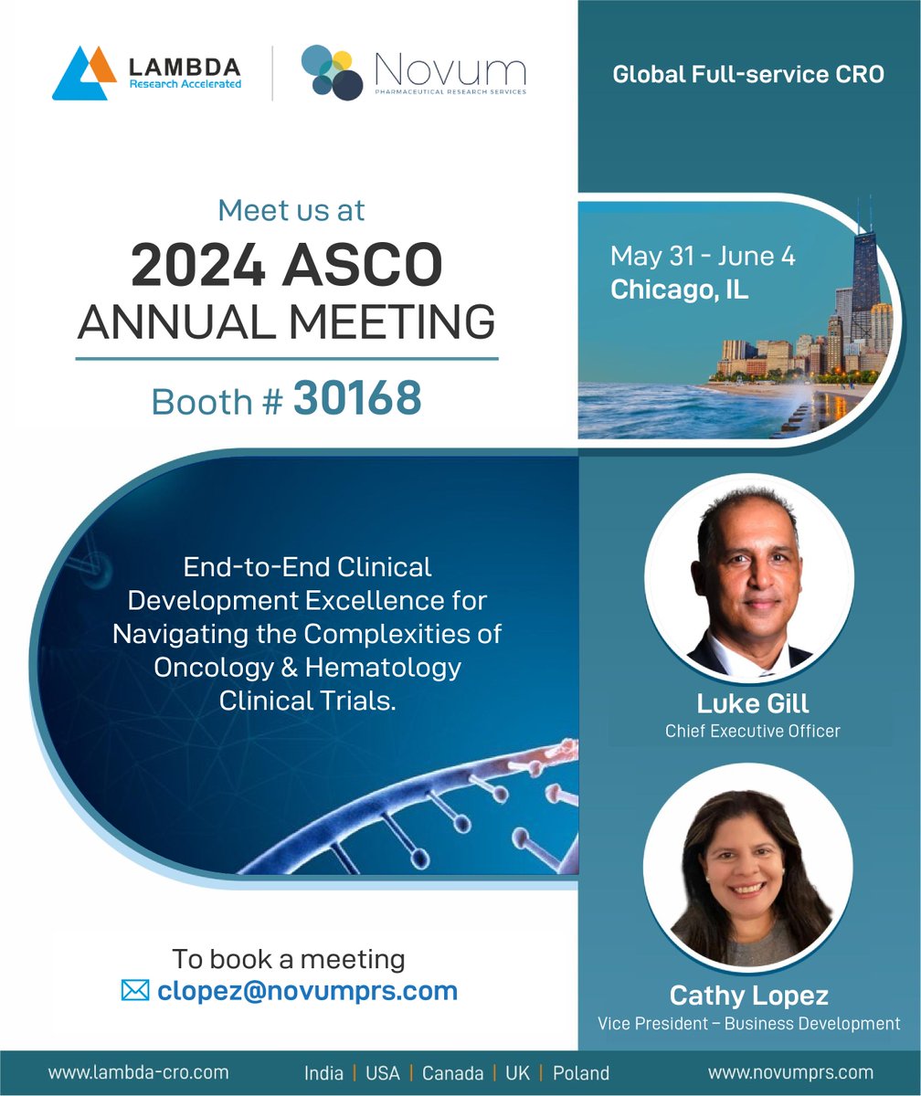 Lambda & Novum are exhibiting at #ASCO2024. To schedule a meeting,📧clopez@novumprs.com & explore how we can support your Oncology & Hematology #DrugDevelopment projects. 
#ClinicalTrials #ClinicalDevelopment #CancerResearch #OncologyClinicalTrials #OncologyResearch #GlobalCRO