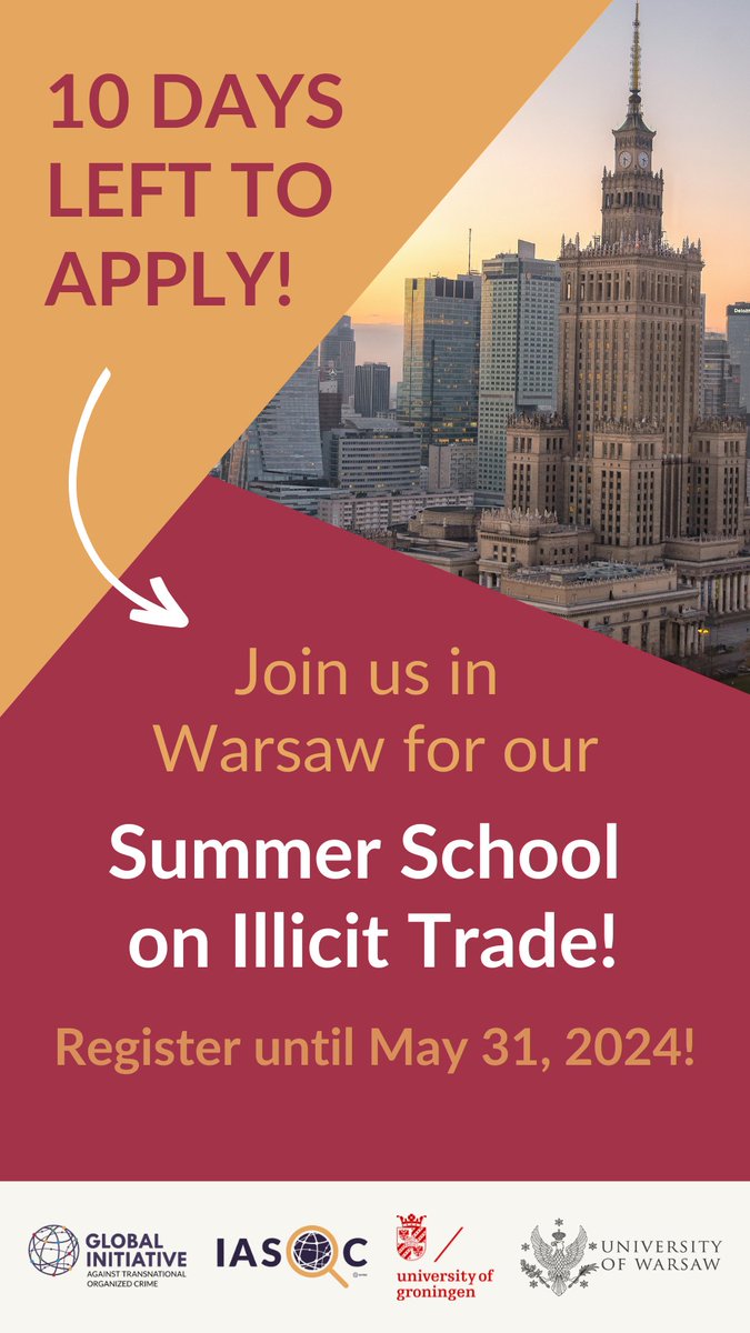 📢 Only 10 days left to apply for the Summer School on Illicit Trade 2024! Don't miss this opportunity! Click here to find out more 👉 globalinitiative.net/analysis/summe… Organized by @GI_TOC and @univgroningen, and hosted by @UniWarszawski