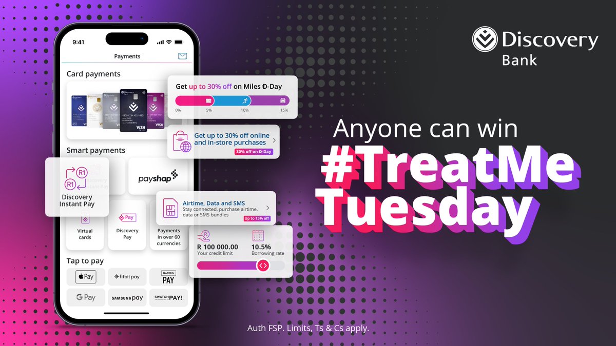 👏 PAY ATTENTION Discovery Bank lets you pay 24/7 using a 📱phone number, 💳virtual card, 💰through instant payments, ⌚or while on the go! To stand to WIN R1,000* this #TreatMeTuesday, tell us why it PAYS OFF to bank with us? Reply with #DiscoveryBestBank to enter *Ts&Cs apply