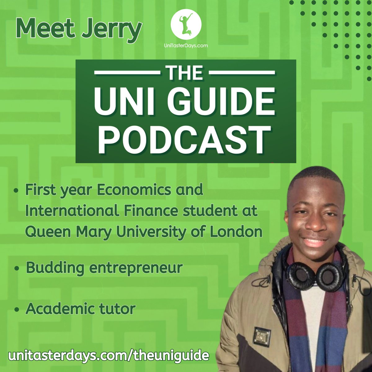 Introducing Jerry..

Another brilliant new voice on the Uni Guide Podcast student panel. Jerry is a first year Economics and Finance student at @QMUL @QMULOutreach an academic tutor and an entrepreneur. Listen on all streaming platforms, or direct: unitasterdays.com/listen-to-the-… #UTDIAG
