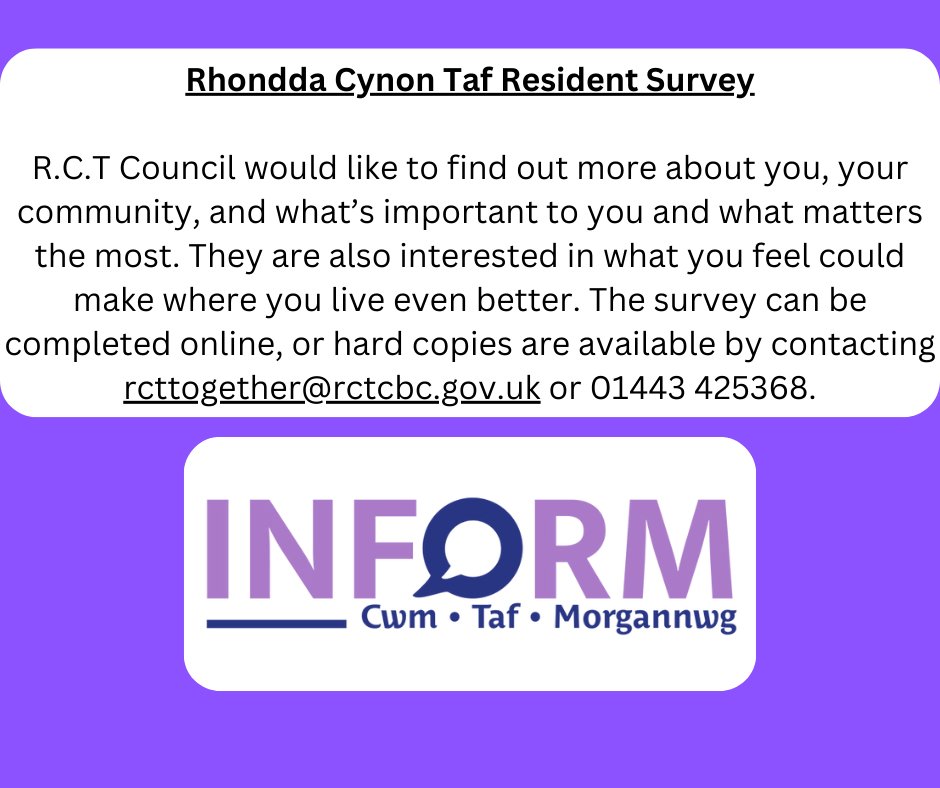 We are sharing this post for @RCTCouncil who are carrying out a survey to find out more about their residents. If you would like to complete the survey online, a link can be found here 👇👇 rctcbc.welcomesyourfeedback.net/.../neighbourh…..