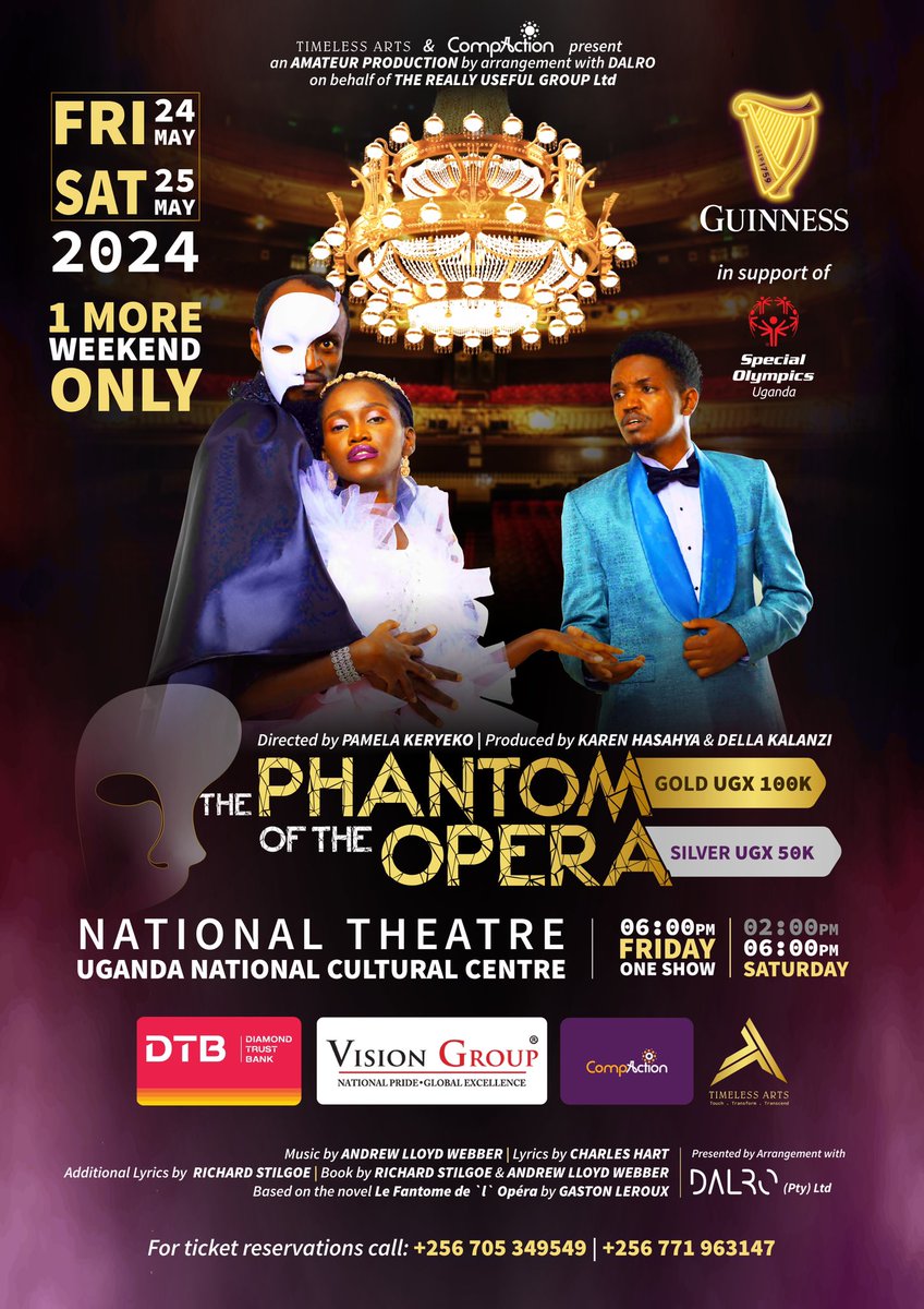 Don't miss the final shows of The Phantom of the Opera this weekend at the National Theatre! 
Brought to you by @Guinness_Uganda, <a href="/dtb_uganda/">DTB Uganda</a> and <a href="/VisionGroup/">Vision Group</a>, it's your last chance to experience the magic. 
Reserve your tickets now!

#PhantomOfTheOpera
#POTOWorldwide
#POTOUganda