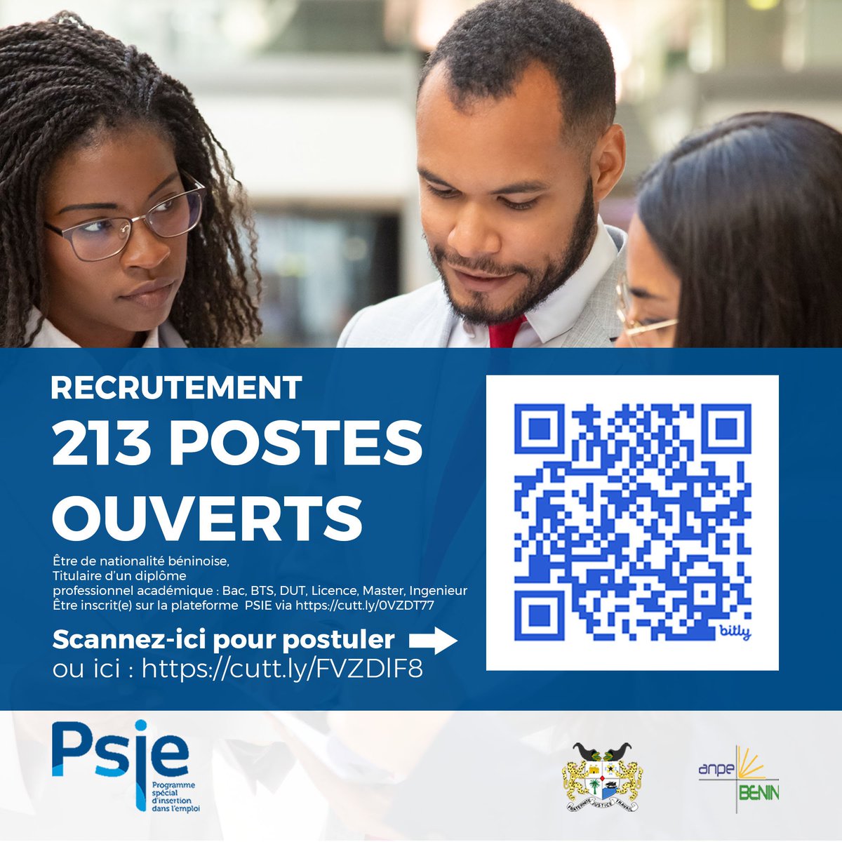 #Alerte_Recrutement
𝗡𝗼𝘂𝘀 𝗿𝗲𝗰𝗿𝘂𝘁𝗼𝗻𝘀 𝟮𝟭𝟯 𝗽𝗼𝘀𝘁𝗲𝘀 𝗱𝗼𝗻𝘁 𝟭𝟯𝟳 𝗽𝗼𝘂𝗿 𝗹𝗮 #𝗚𝗗𝗜𝗭
𝗦𝗮𝗹𝗮𝗶𝗿𝗲𝘀 𝗻𝗲𝘁𝘀 :  100.000 à 250.000 FCFA
--
𝗖𝗹𝗶𝗾𝘂𝗲𝘇-𝗶𝗰𝗶 : cutt.ly/FVZDlF8 pour consulter ou postuler
#psiebenin #emploibenin #gouvbenin