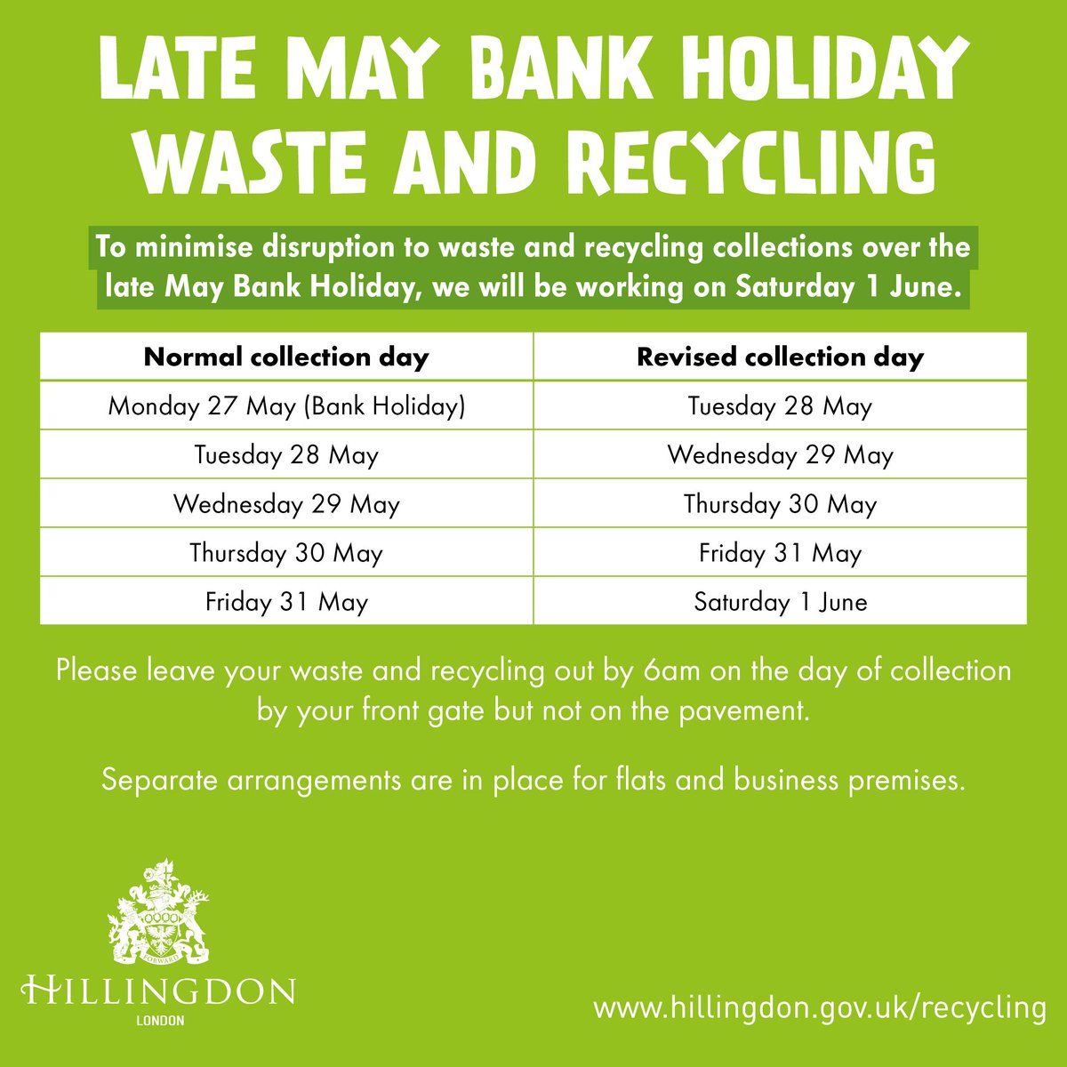 Due to the late May Bank Holiday, there will be changes to your rubbish and recycling collection days. 🗓️ ♻️ To find out your revised collection day, please see our handy table table or visit: buff.ly/3xZXHqe 👀