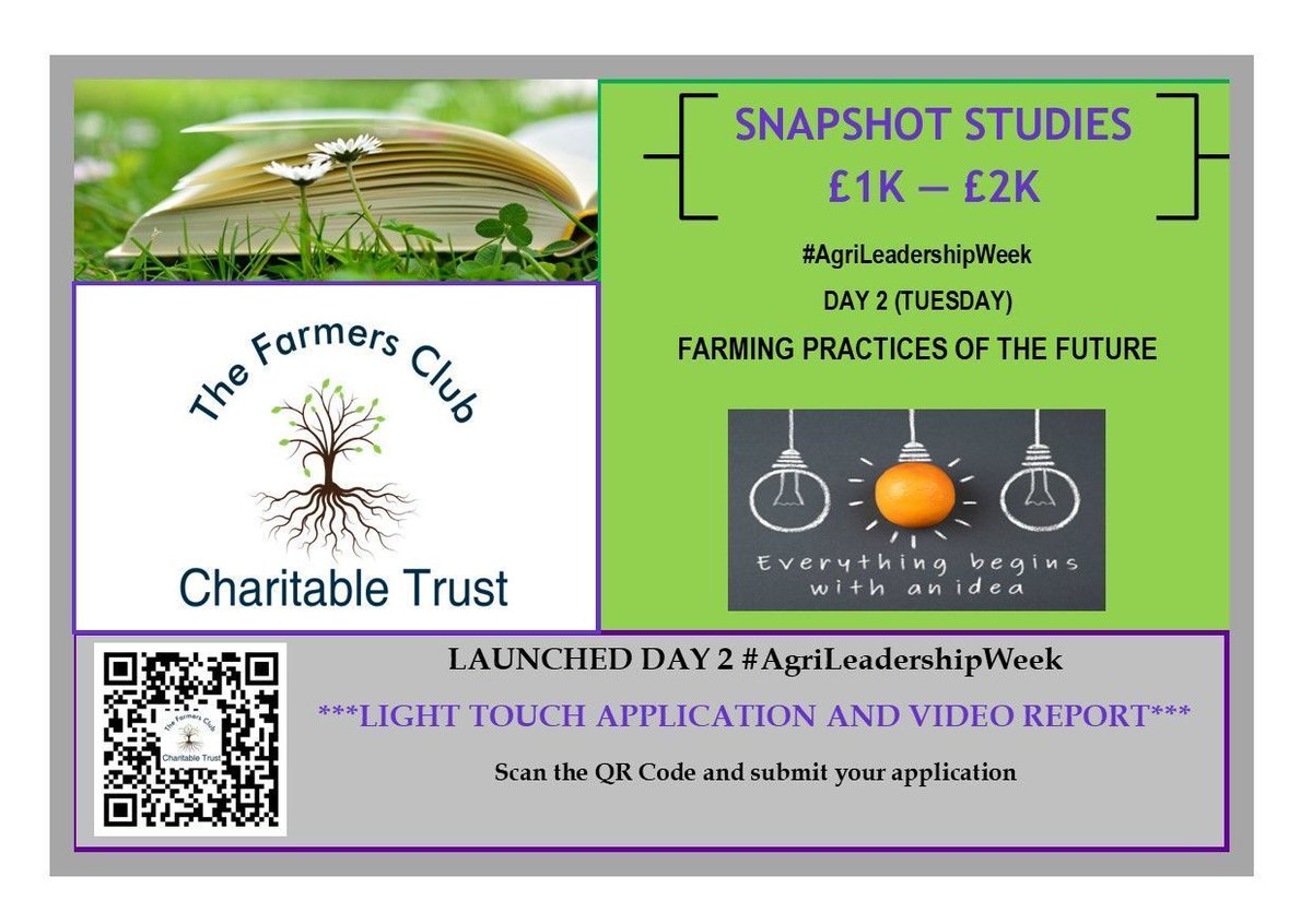'#AgriLeadershipWeek is here! Join the #Snapshotstudies on Day 2 focusing on 'Farming Practices of the Future'. Ready to apply? Head over to tfcct.co.uk now!' Up to £2000 of funding available for your next innovative project. 🐔 🐄 🐖 🍇 🌿 🔽