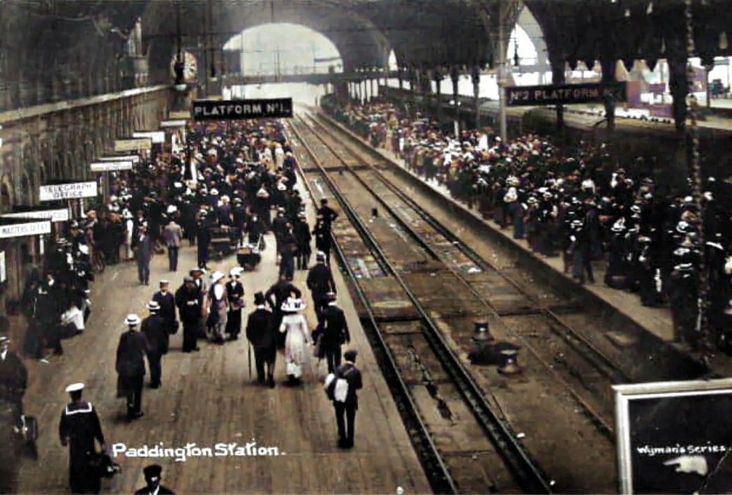 Paddington Station just before the start of WW1 in 1914. Approximately 20,000 British Railway workers were to lose their lives as 100,000 enlisted when war broke out.