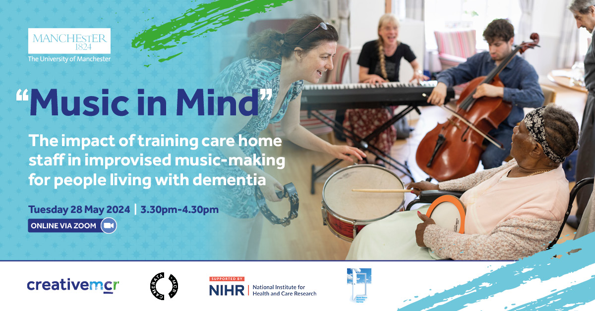 📣IN ONE WEEK, join us online for insights from impactful research on music training for care home staff 🎶 Research from UoM, @MancCamerata and the Open Doors Research Group🌟 📅28 MAY🕑3.30-4.30PM🎟️FREE 💻Online Event Register: eventbrite.co.uk/e/music-in-min…