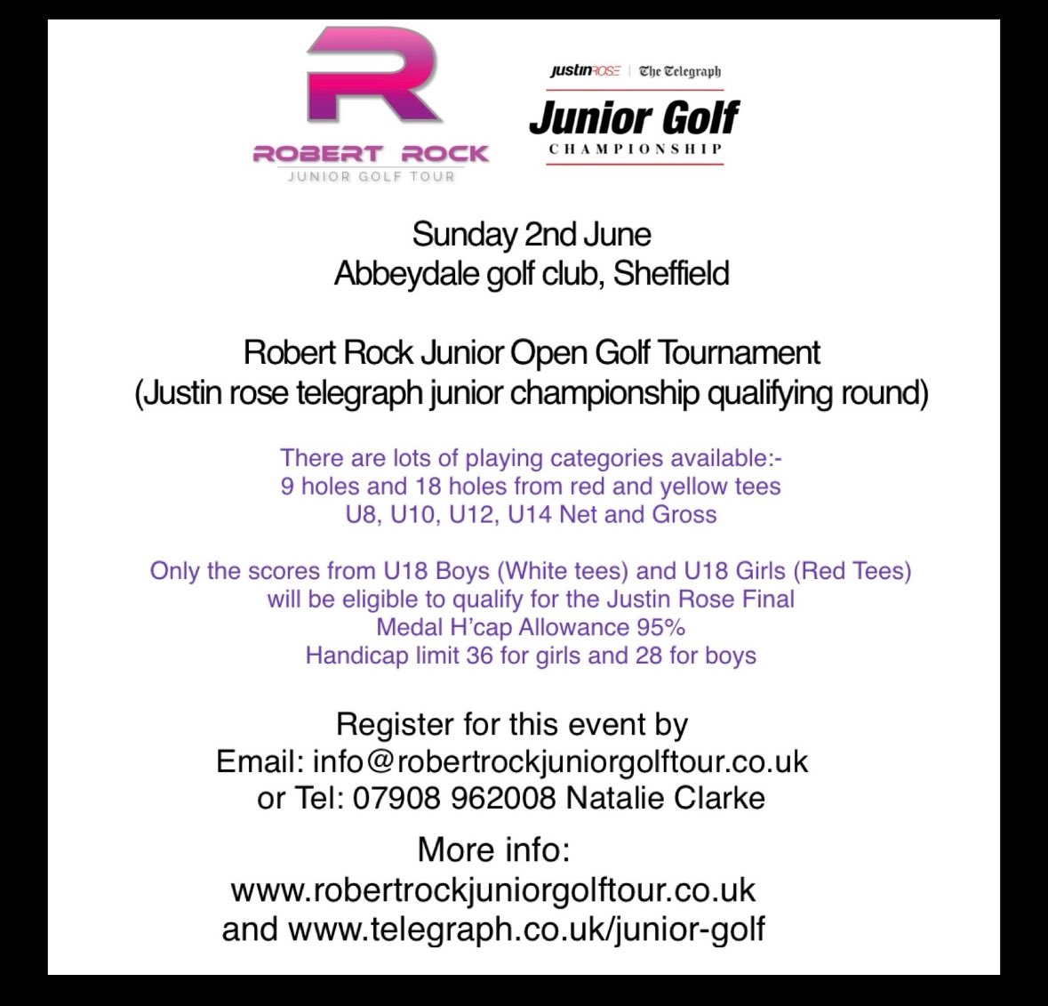 There are still some places available in the Robert Rock Junior Golf Tour event here at Abbeydale! The event is also a @TelegraphJunior qualifier!

Details on how to register attached ⬇️

Please share 👍 @robrockgolftour @YUGCUK @SheffGolfUnion @sugcjuniors