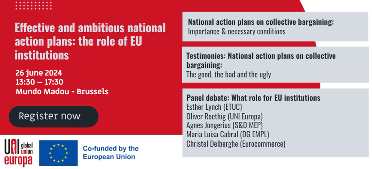 🚨@UNI_Europa is organising a conference on making the most of the upcoming national action plans on collective bargaining. We will be joined by @EstherLynchs, @ORoethig, @a_jongerius, Maria Luisa Cabral (@eu_commission) and @CDelberghe. Register now: forms.office.com/e/GjdZC3gNMW