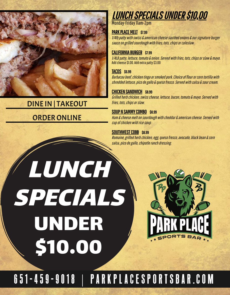 You can't beat our weekday 🍔 LUNCH SPECIALS 🌮 from 11am-2pm! Stop in for a bite and enjoy $1 off beers & drinks! Order online for takeout! #parkplacesportsbar #lunchdeals #OrderOnline #LunchTime #FoodieFinds