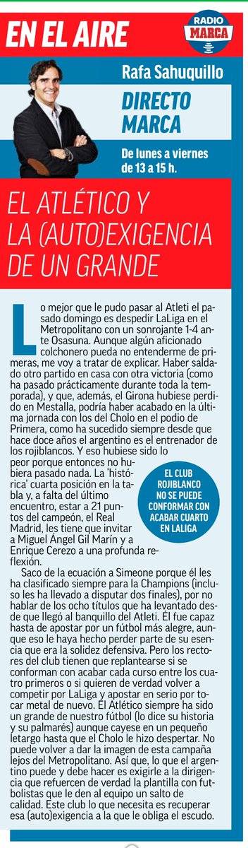 #OpinionRadioMARCA 🖋 Hoy, en @Marca… ✔️”El Atlético y la (auto)exigencia de un grande”. 🔴 Si gustáis…