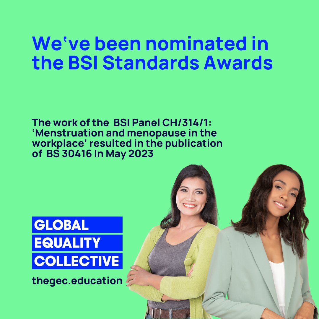 GECCollect's tweet photo. 🏆Exciting news!
The GEC has been nominated for @BSI_UK Awards for EXCEPTIONAL contributions to standards-making!
We're very proud of our #Menstruation + #Menopause work for #inclusion
🏆 Congratulations to all nominated in these prestigious awards! #SpringStandardsConference https://t.co/Ux2VDqXULh