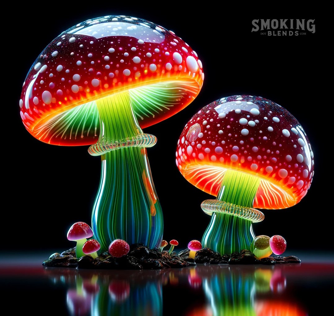 This high-quality digital AI Artwork displays some highly detailed, hand-blown glass mushrooms. We hope we did right by our new but fantastic AI Art Community. The prompt is in the comments!