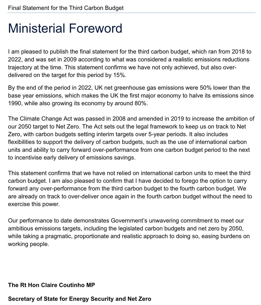 BREAKING: UK govt has decided NOT to 'carry forward' surplus emissions cuts from the third carbon budget This is in line with advice from @theCCCuk Earlier reports suggested govt was considering carry forward, which would have weakened UK ambition assets.publishing.service.gov.uk/media/664356ef…