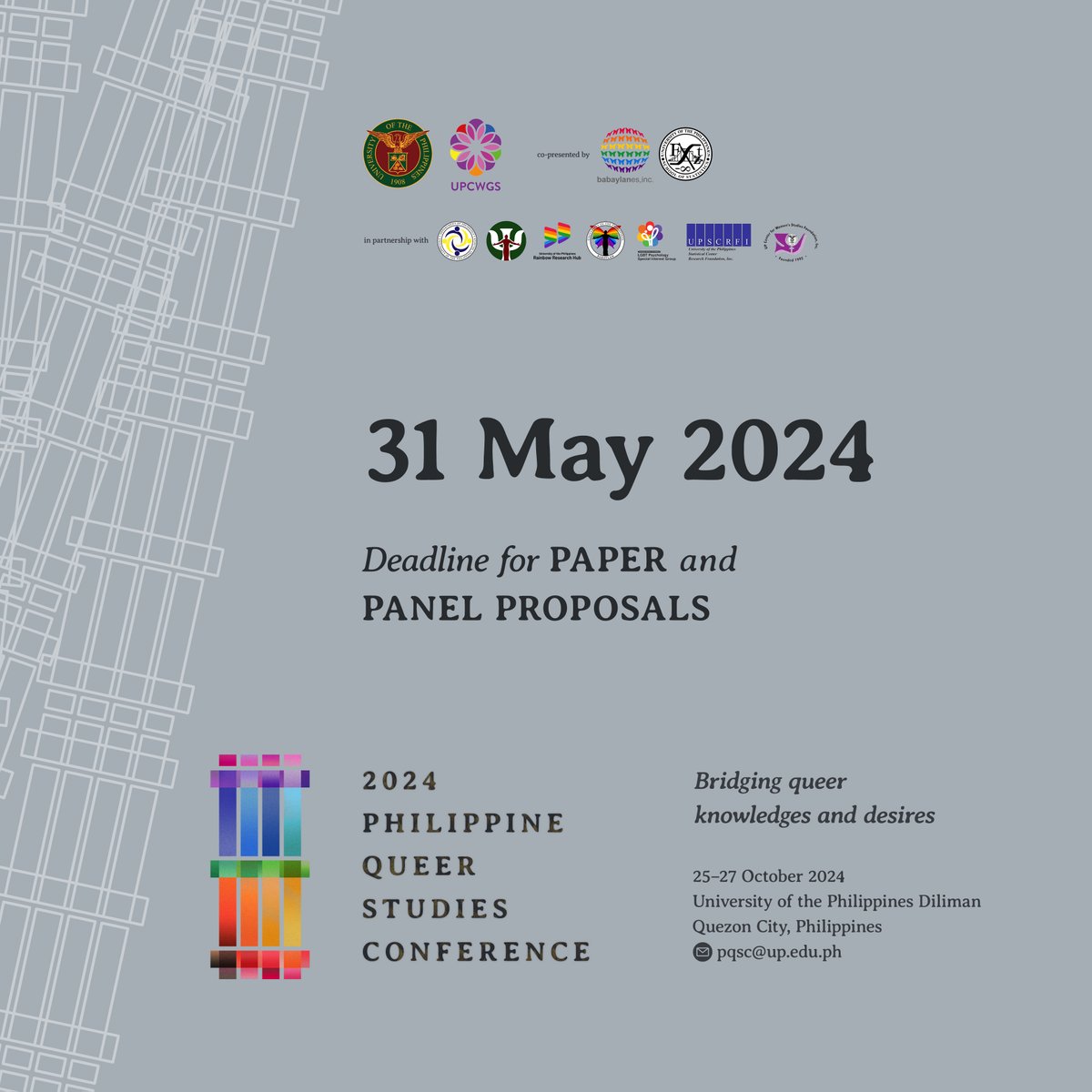 phqueerstudies's tweet photo. We've already received a lot of submissions, but we’re still accepting papers and proposals until 31 May! 🏳️‍🌈🏳️‍⚧️🇵🇭

The 2nd Philippine Queer Studies Conference will be held on October 25–27 at the UP Diliman School of Statistics. https://t.co/P1Dtj2eHRp