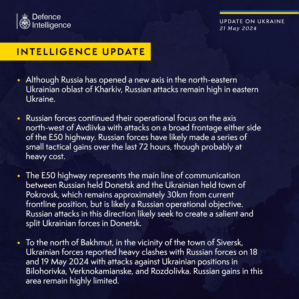 Although Russia has opened a new axis in the north-eastern Ukrainian oblast of Kharkiv, Russian attacks remain high in eastern Ukraine.  Russian forces continued their operational focus on the axis north-west of Avdiivka with attacks on a broad frontage either side of the E50 highway. Russian forces have likely made a series of small tactical gains over the last 72 hours, though probably at heavy cost.  The E50 highway represents the main line of communication between Russian held Donetsk and the Ukrainian held town of Pokrovsk, which remains approximately 30km from current frontline position, but is likely a Russian operational objective. Russian attacks in this direction likely seek to create a salient and split Ukrainian forces in Donetsk.