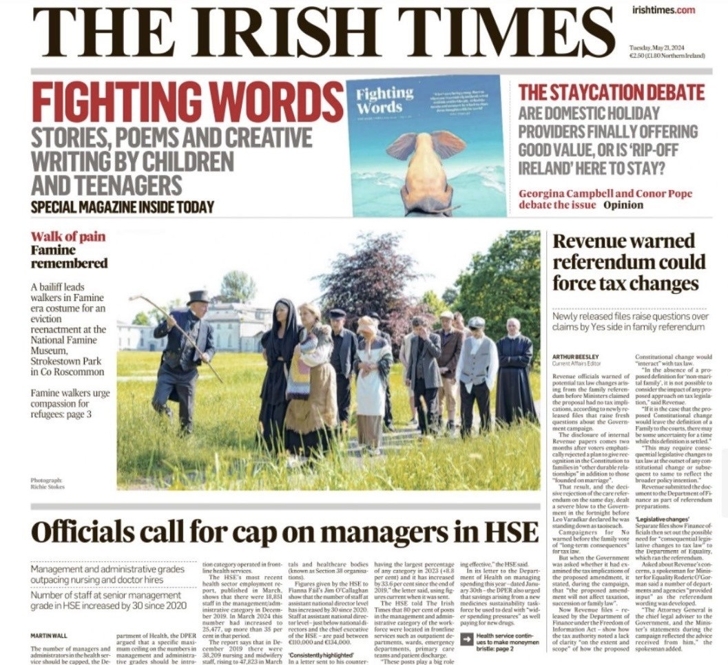The @famineway Commemorative Walk is the front page feature on today's @IrishTimes #famineway #globalirishfamineway