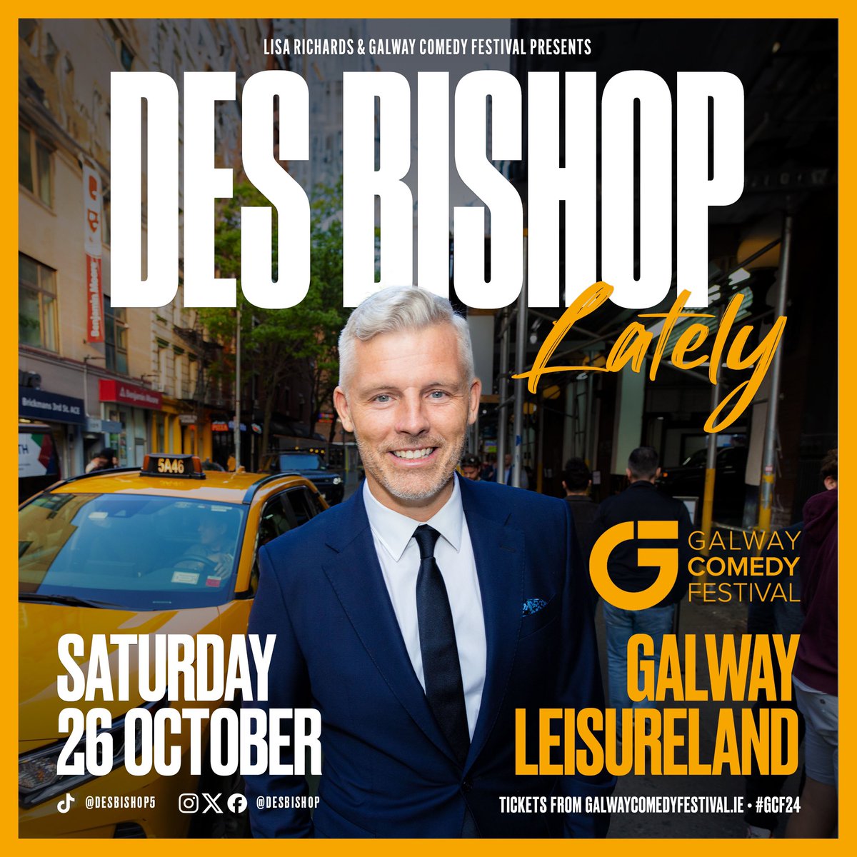 Good news! 🗞 Des Bishop is coming to #GCF24 on Sat 26 Oct with his new show: Lately Tickets on sale this Thursday 10am 🎟 galwaycomedyfestival.ie/comedians.html