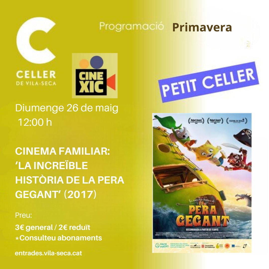 🎬 Diumenge 26 de maig a les 12.00 h, al #Celler de #Vilaseca sessió de #CineXics amb “La increïble història de la pera gegant”, de Philip Einstein Lipski, Jorgen Lerdam i Amelie Naesby Fick (2017). Recomanada a partir de 4 anys. 🎟️entrades.vila-seca.cat #CulturaVilaseca