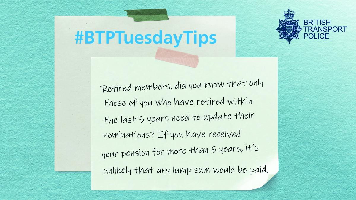 BTPPensionFund's tweet image. #BTPTuesdayTips Have you retired in the last 5 years? Update your nominations in your myFund account 👉btppensions.co.uk/login