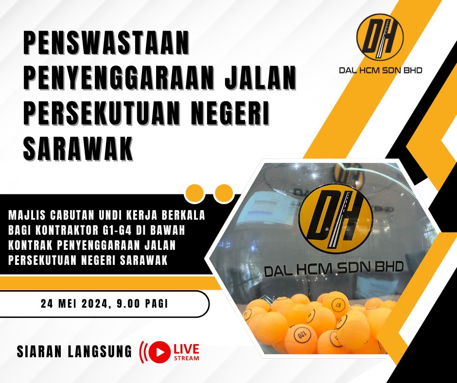 Jemputan Untuk Menghadiri Majlis Cabutan Undi Kerja Berkala Bagi Kontraktor G1-G4 Di Bawah Kontrak Penyenggaraan Jalan Persekutuan Negeri Sarawak Secara 'Online'

Saksikan juga strim secara langsung di Youtube dan Facebook Live DAL HCM 📺