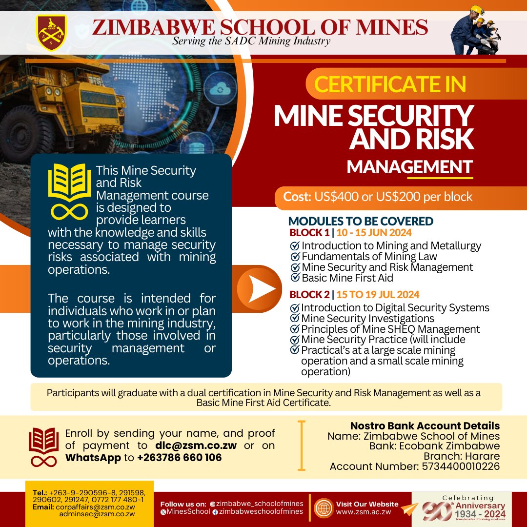 ZIMBABWE SCHOOL OF MINES (@minesschool) on Twitter photo ENROLLMENT for the following ONLINE and FACE-to-FACE short courses is on-going.
To APPLY email dlc@zsm.co.zw or WHATSAPP +263786660106. ENROLLMENT for the following ONLINE and FACE-to-FACE short courses is on-going.
To APPLY email dlc@zsm.co.zw or WHATSAPP +263786660106.