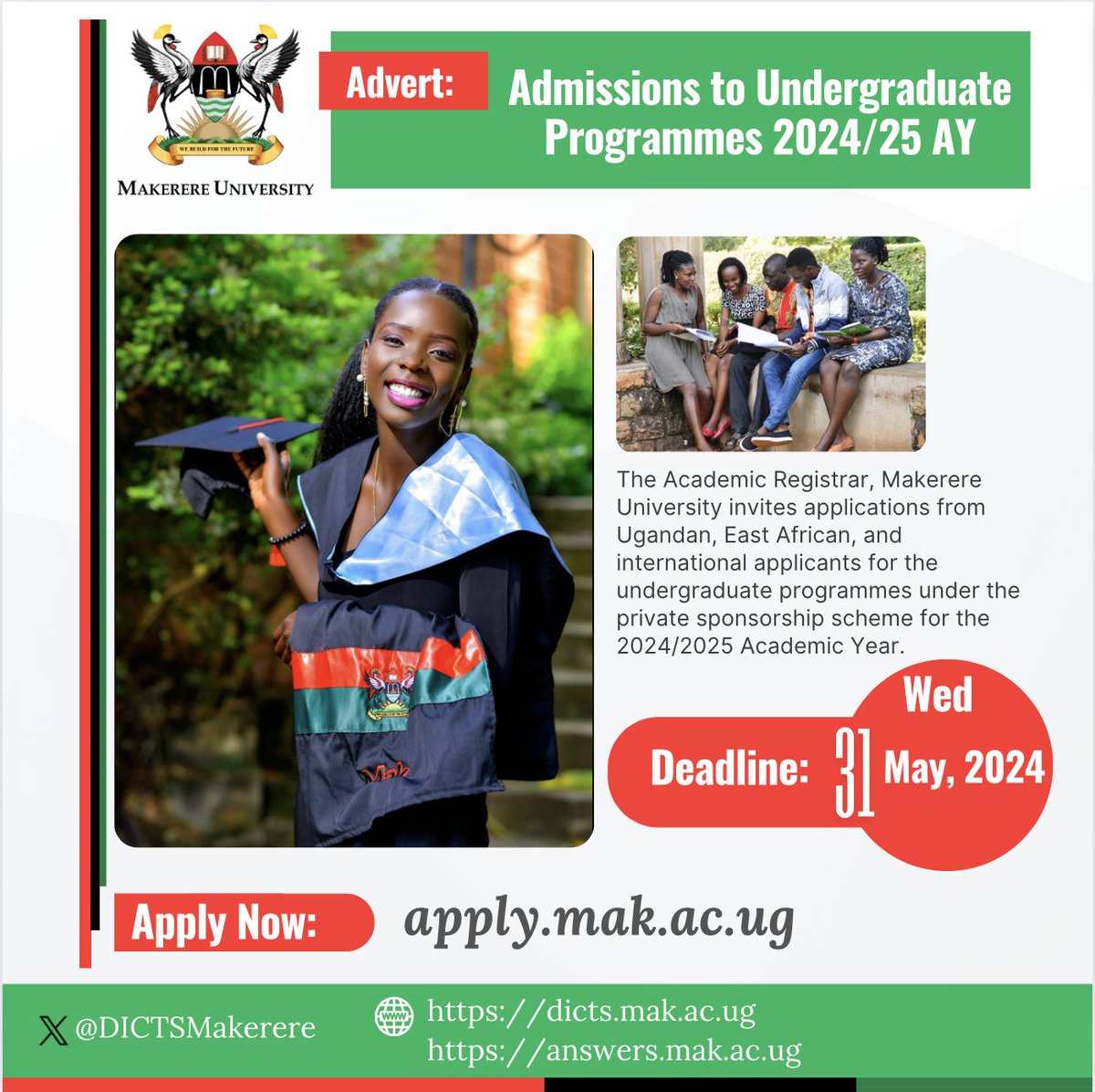 DICTSMakerere's tweet photo. #𝗥𝗲𝗺𝗶𝗻𝗱𝗲𝗿: 𝗔𝗽𝗽𝗹𝘆 𝗙𝗼𝗿 𝗬𝗼𝘂𝗿 𝗣𝗿𝗼𝗴𝗿𝗮𝗺𝗺𝗲
If you haven't yet applied to the premier University in Uganda @Makerere, you still have an opportunity. The deadline is 31 May 2024 as stated by @MakerereAR 
For an inquiry, DM Makerere AR/ https://t.co/xxiHMLLGvf https://t.co/ulvZE74QvZ
