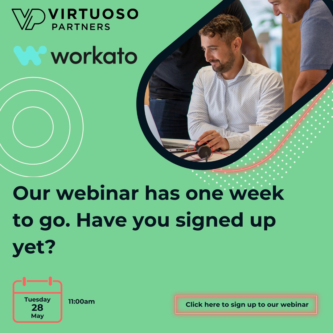 One week to go until our webinar with <a href="/Workato/">Workato</a>. Have you signed up?

zoom.us/webinar/regist…

We will be discussing: 
🔨The tools for objection handling.
👩‍💻The benefits of AI-Driven Integration and Automation solutions.
🤖Demos.

#technology #webinar #AI