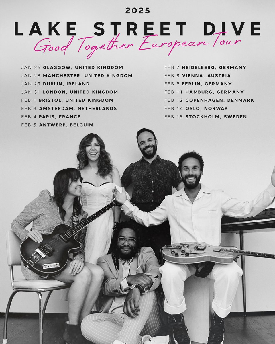 JUST ANNOUNCED! The Good Together Tour is heading to Europe!! It’s been too long and we can’t wait to be back and playing some shows for y’all Tickets go on sale this Friday May 24 at 10 AM local. Head to our website for more info 🎟️ lakestreetdive.com