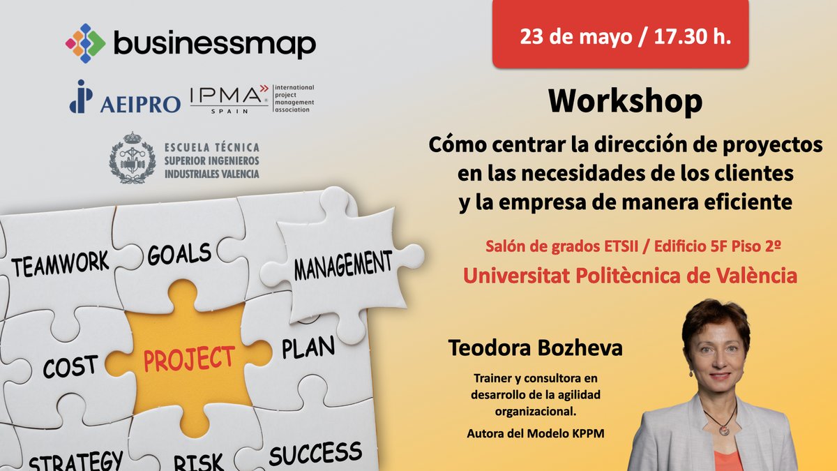Te invitamos al próximo workshop+networking en #Valencia con <a href="/tbozheva/">Teodora Bozheva</a>
📅 23 mayo (presencial) Workshop co-organizado por
AEIPRO, la ETSII de la Universitat Politècnica de València y <a href="/businessmap_sp/">Businessmap Spain</a>

Inscríbete ahora 👇
eventbrite.es/e/registro-com…