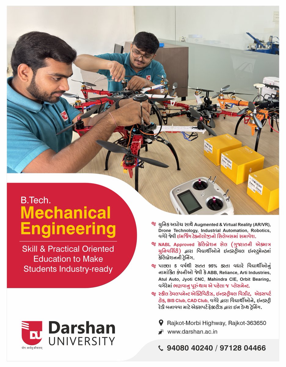 The Department of #Mechanical #Engineering provides unique learning opportunities including emerging thrust area, that makes the students #industryready. The department has an NABL-approved calibration cell.
 
#DarshanUniversity #AdmissionOpen2024