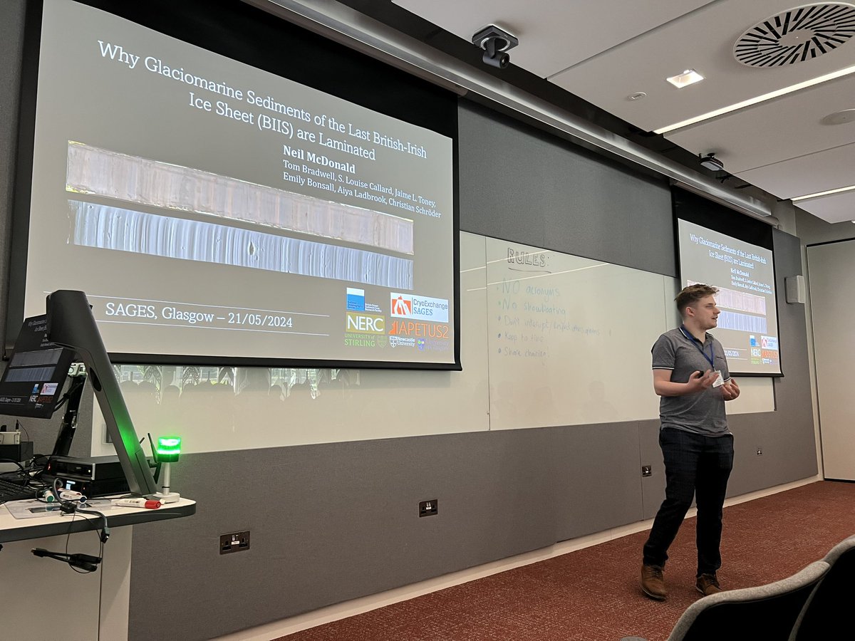 ScotSAGES's tweet photo. Speaker 3/4 of session one is Neil McDonald from @StirUni speaking on “Why Glaciomarine Sediments of the Last British-Irish Ice Sheet (BIIS) are Laminated” 🧊💧 https://t.co/1JiOTSi4pf