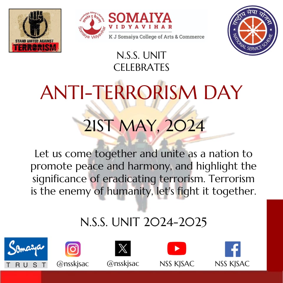 nsskjsac's tweet photo. The N.S.S. Unit of KJSAC celebrates Anti-Terrorism Day. This day commemorates the assassination of India's former P.M. Rajiv Gandhi, in 1991.

“Darkness cannot drive out darkness; only light can do that. Hate cannot drive out hate; only love can do that.”
- Martin Luther King Jr. https://t.co/WvN9Rgko4q