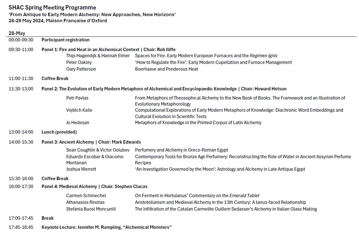 The Society for the History of Alchemy and Chemistry’s meeting ‘From Antique to Early Modern Alchemy: New Approaches, New Horizons’, 28–29 May, Maison Francaise d’Oxford: online attendance is possible. For details: ticketsource.co.uk/whats-on/oxfor…