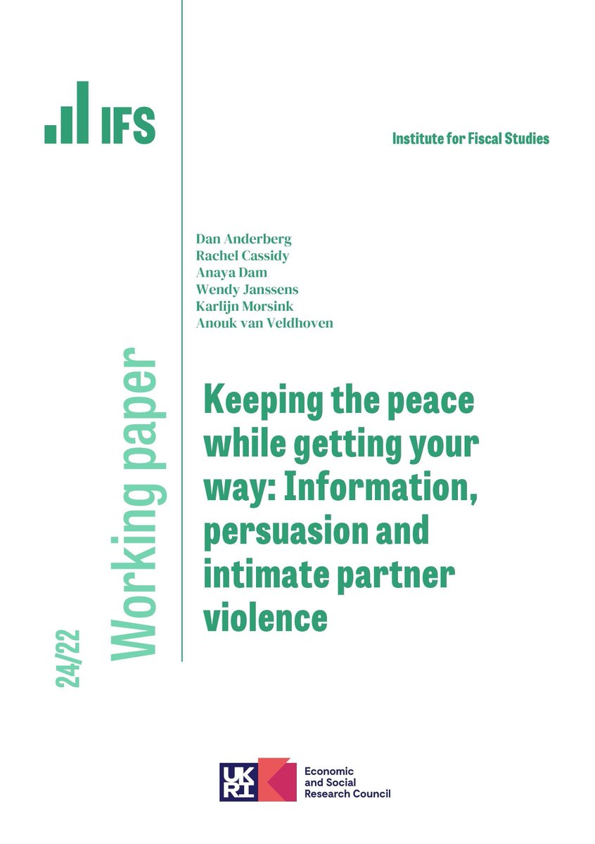 NEW #IFSWorkingPaper: Keeping the peace whilst getting your way: Information, persuasion and intimate partner violence (IPV). Read the study on the effects on IPV of new information received by men and women, relevant to a high-stakes joint decision: ifs.org.uk/publications/k…