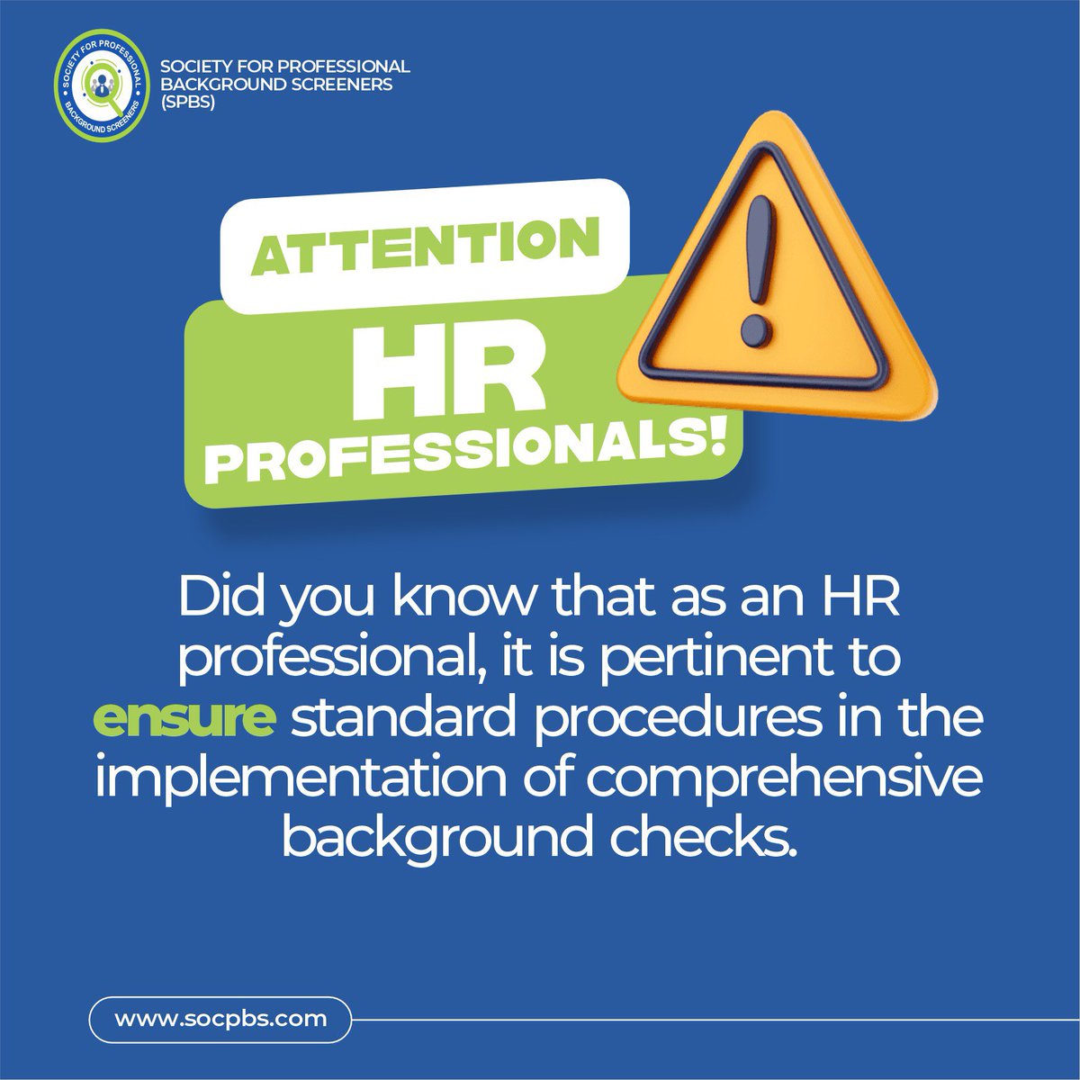 As an HR professional, elevate your hiring process by mastering background screening standards with our expert training.

Visit socpbs.com or DM us for more information. Join us today!

#hr #hrtraining #hrnigeria #hrtransformation #hrmanagement #workculture #job