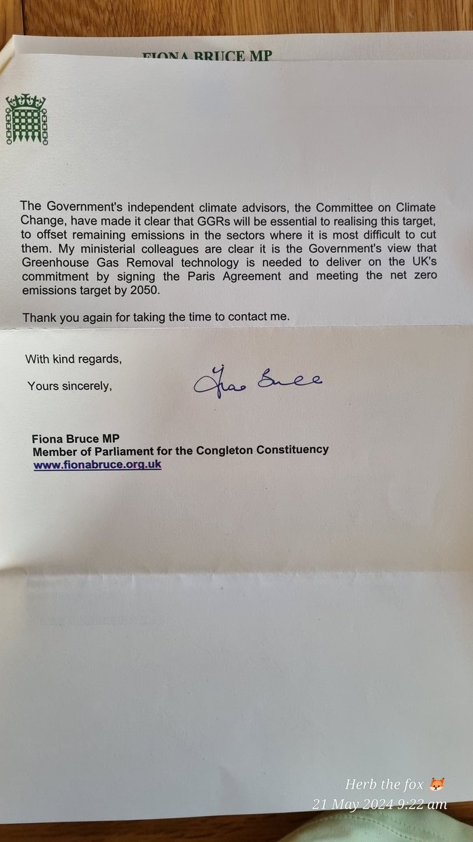 I wrote to my MP about the geoengineering taking place over UK. 

I'm concerned about potential long term health effects, of spraying man made chemicals at high altitude, for an unproven CO2 hypothesis.

According to her response, gov believes 'GGR's are essential to realising'