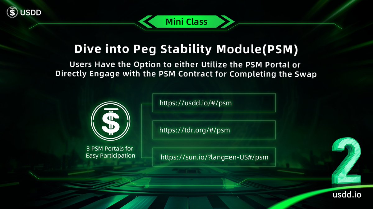 The Peg Stability Module (PSM) empowers users with a convenient and impactful way to participate in the #USDD ecosystem.

Our PSM facilitates seamless swapping between $USDD and major stablecoins at a fixed 1:1 ratio.