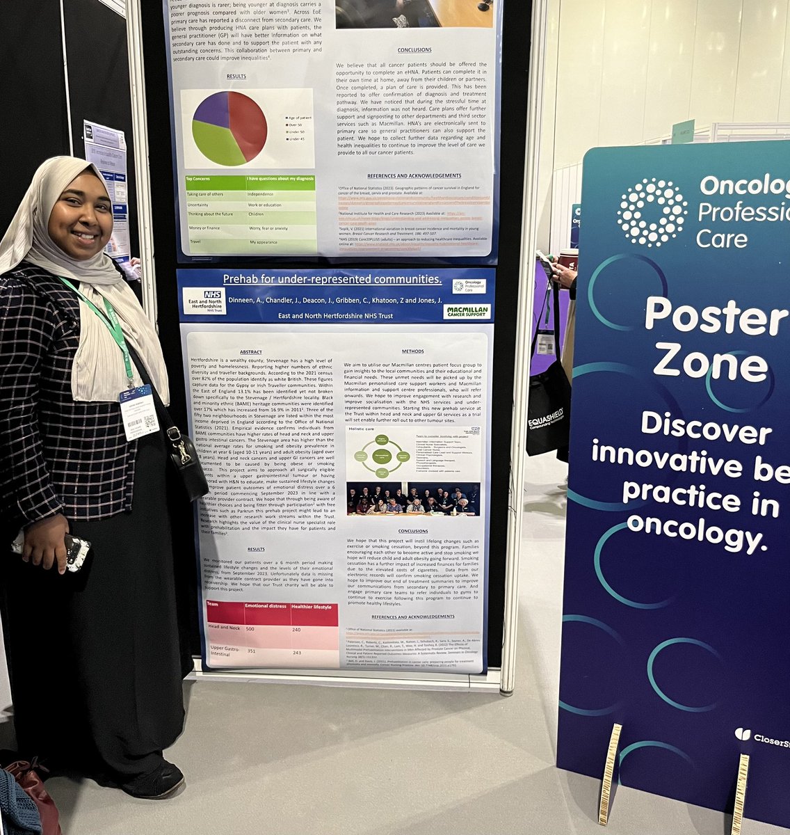 Meet the some of team & view our posters in the poster zone at 12-1 today #OPC24 @oncologycare @macmillancancer @LouizaKribel Shelley, Emo, Rosemary & Zahida @enherts @UKONSmember #PersonalisedCare #Prehab #BreastCancer #UpperGI #HeadandNeck
