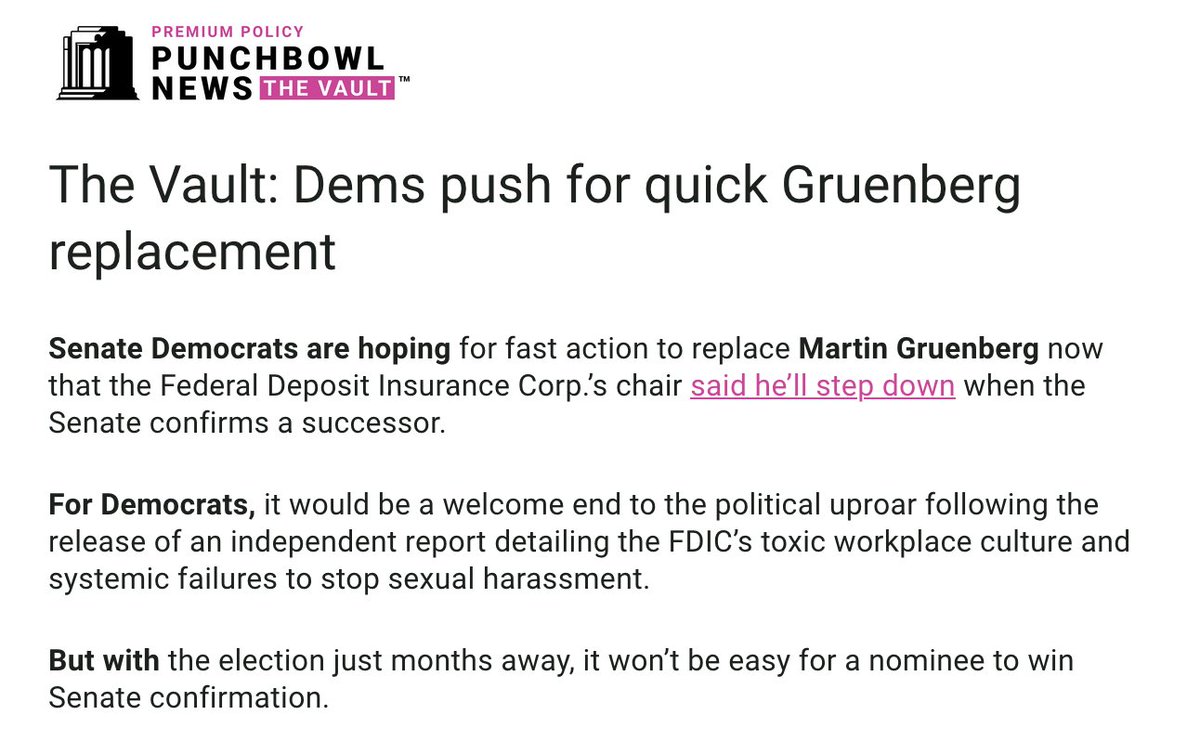 Punchbowl News AM features a Vault double feature via @LauraEWeiss16, @AndrewDesiderio and I: - How G7 could reshape the REPO Act - Dems push for quick Gruenberg replacement at FDIC punchbowl.news/archive/52124-…