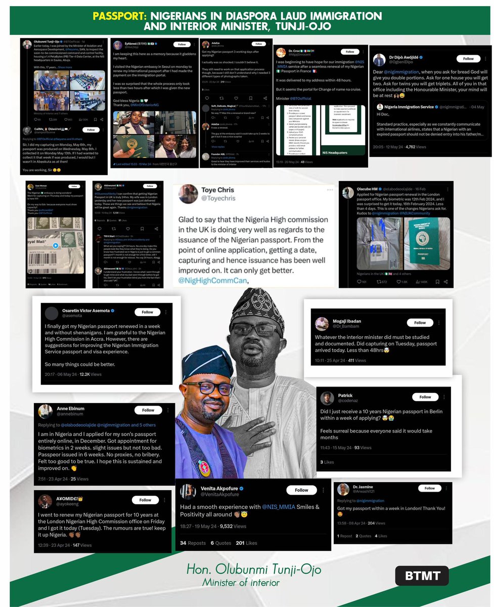 A cross section of Nigerians globally talking about the sweet experience in Nigerian passport collection, made easy by HM Olubunmi Tunji-Ojo.