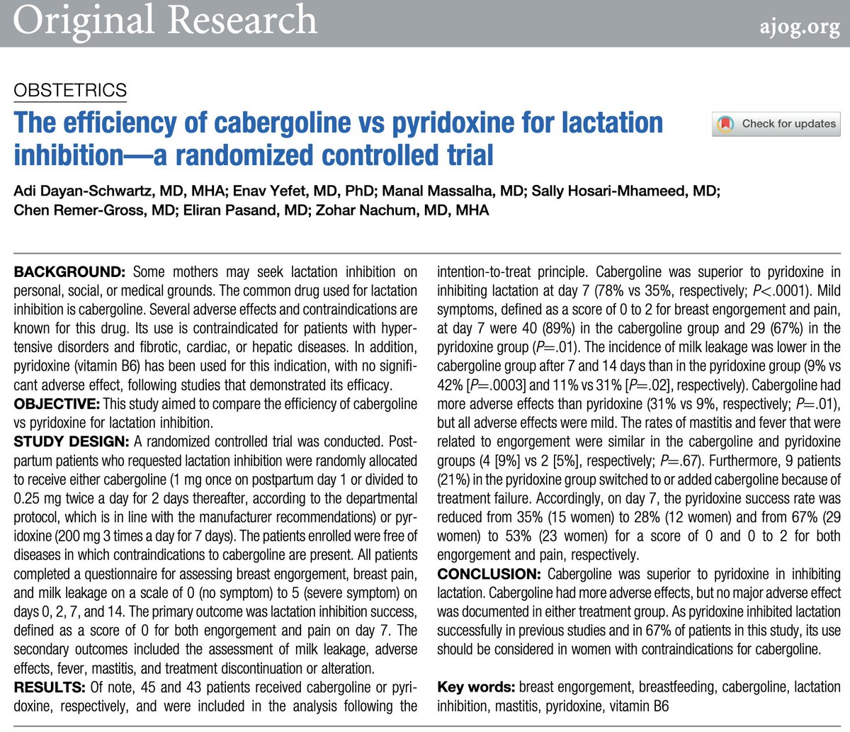 The efficiency of cabergoline vs pyridoxine for lactation inhibition—a randomized controlled trial ow.ly/YgNx50ROs09
