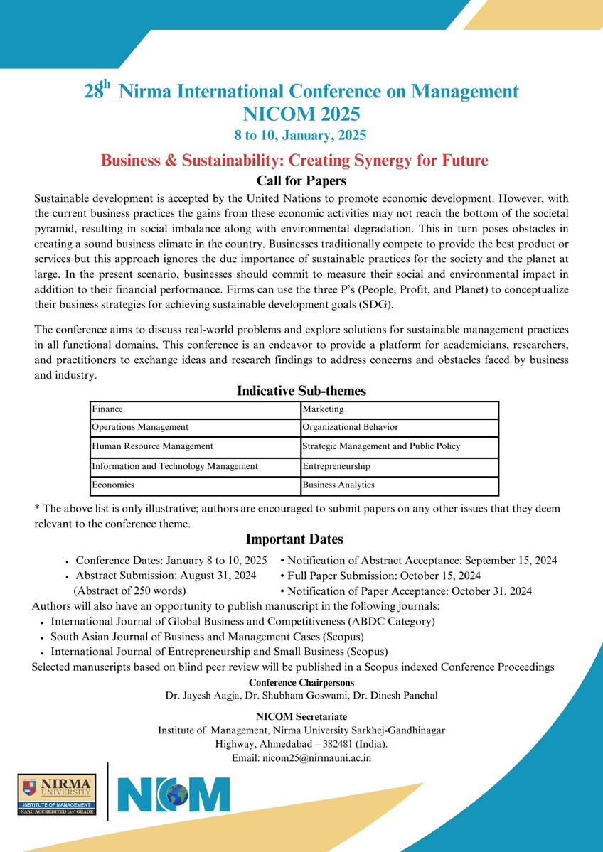 📢Call for Papers📢 #NICOM2025: 28th Nirma International Conference on Management 8 to 10, January, 2025 Business & Sustainability: Creating Synergy for Future Abstract (250 words) submissions are welcome until 31-Aug-2024 For more information, please see link.springer.com/journal/42943/…