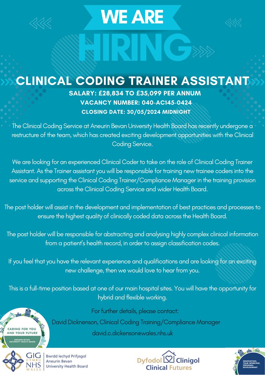 The Clinical Coding Service at ABUHB has created exciting development opportunities. Clinical Coding Co-Ordinator - healthjobsuk.com/job/UK/Newport… Clinical Coding Audit Assistant - healthjobsuk.com/job/UK/Newport… Clinical Coding Trainer Assistant - healthjobsuk.com/job/UK/Newport…